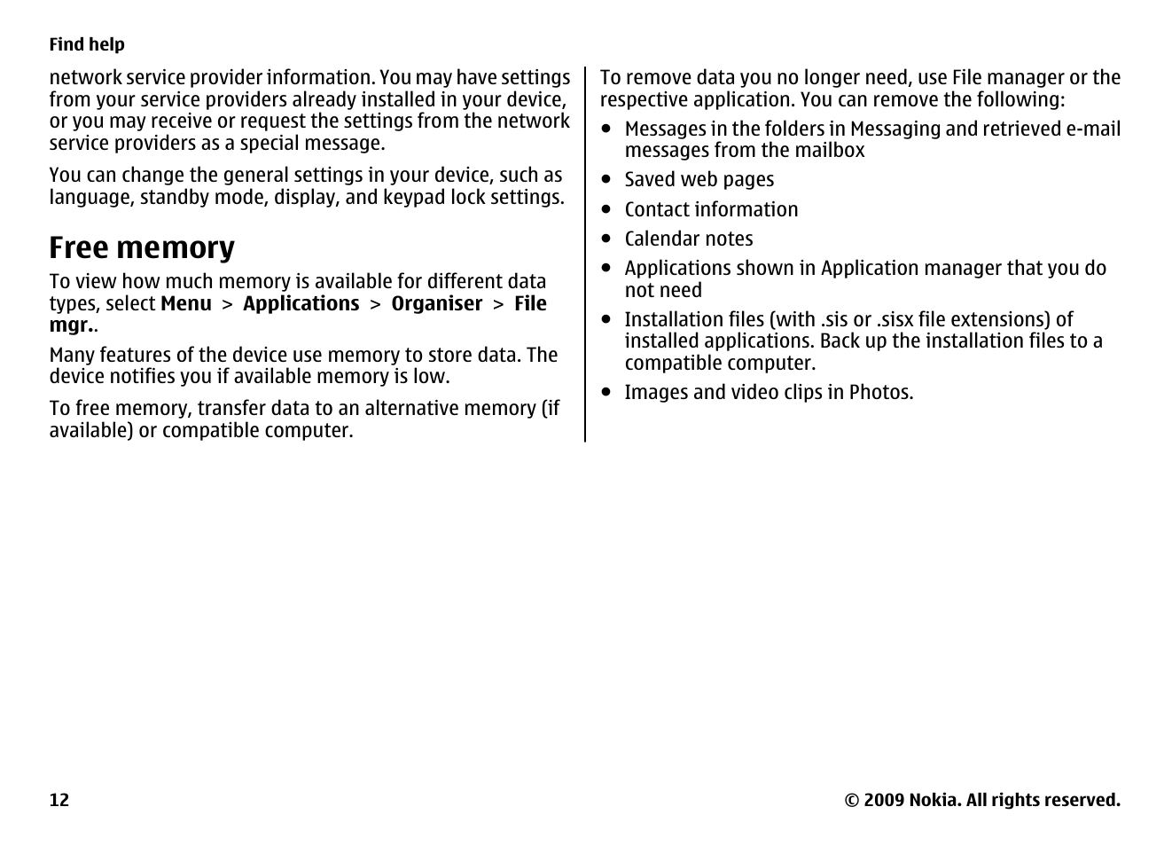 Free memory | Nokia XPRESS MUSIC 5730 User Manual | Page 12 / 80