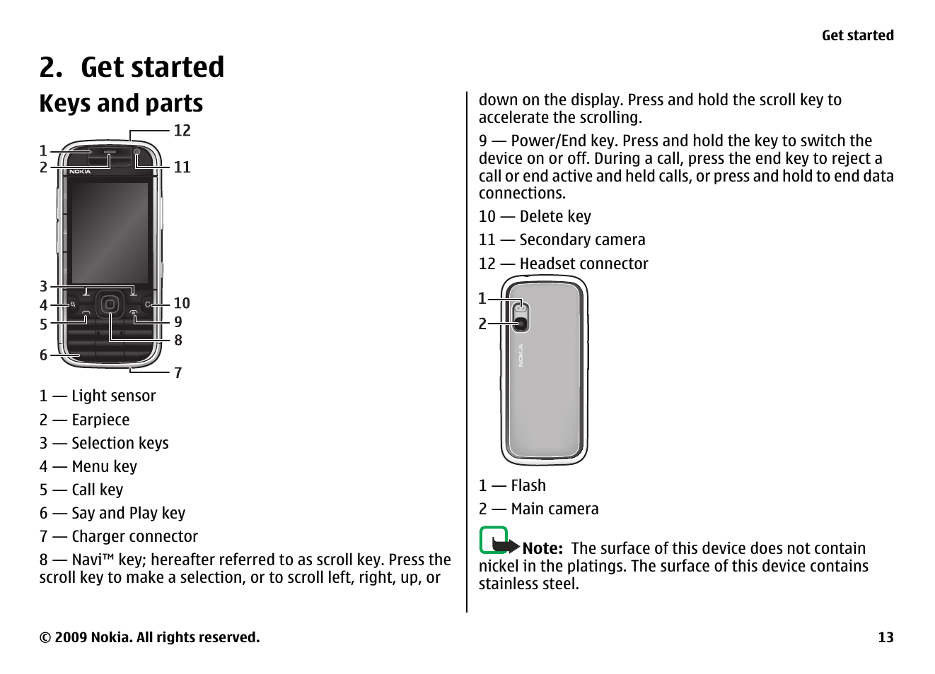 Get started, Keys and parts | Nokia XPRESS MUSIC 5730 User Manual | Page 13 / 80