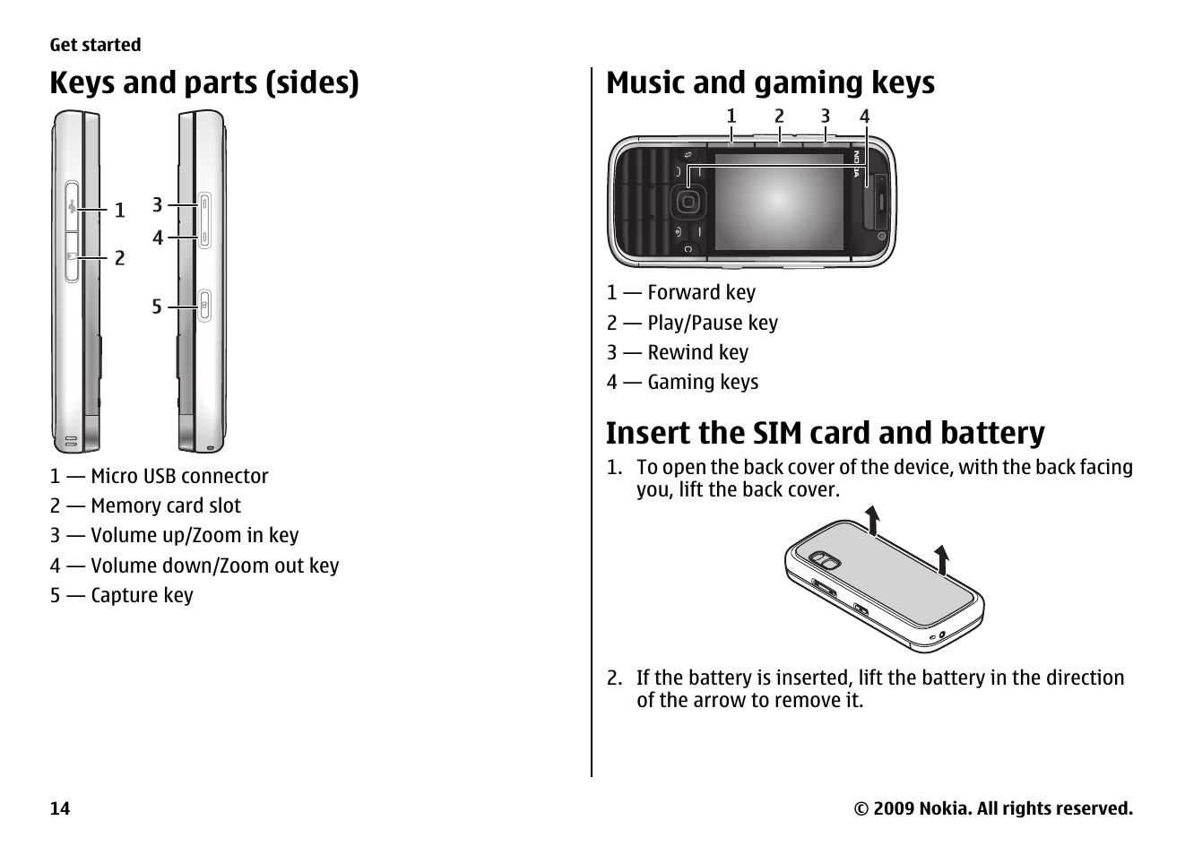 Keys and parts (sides), Music and gaming keys, Insert the sim card and battery | Nokia XPRESS MUSIC 5730 User Manual | Page 14 / 80