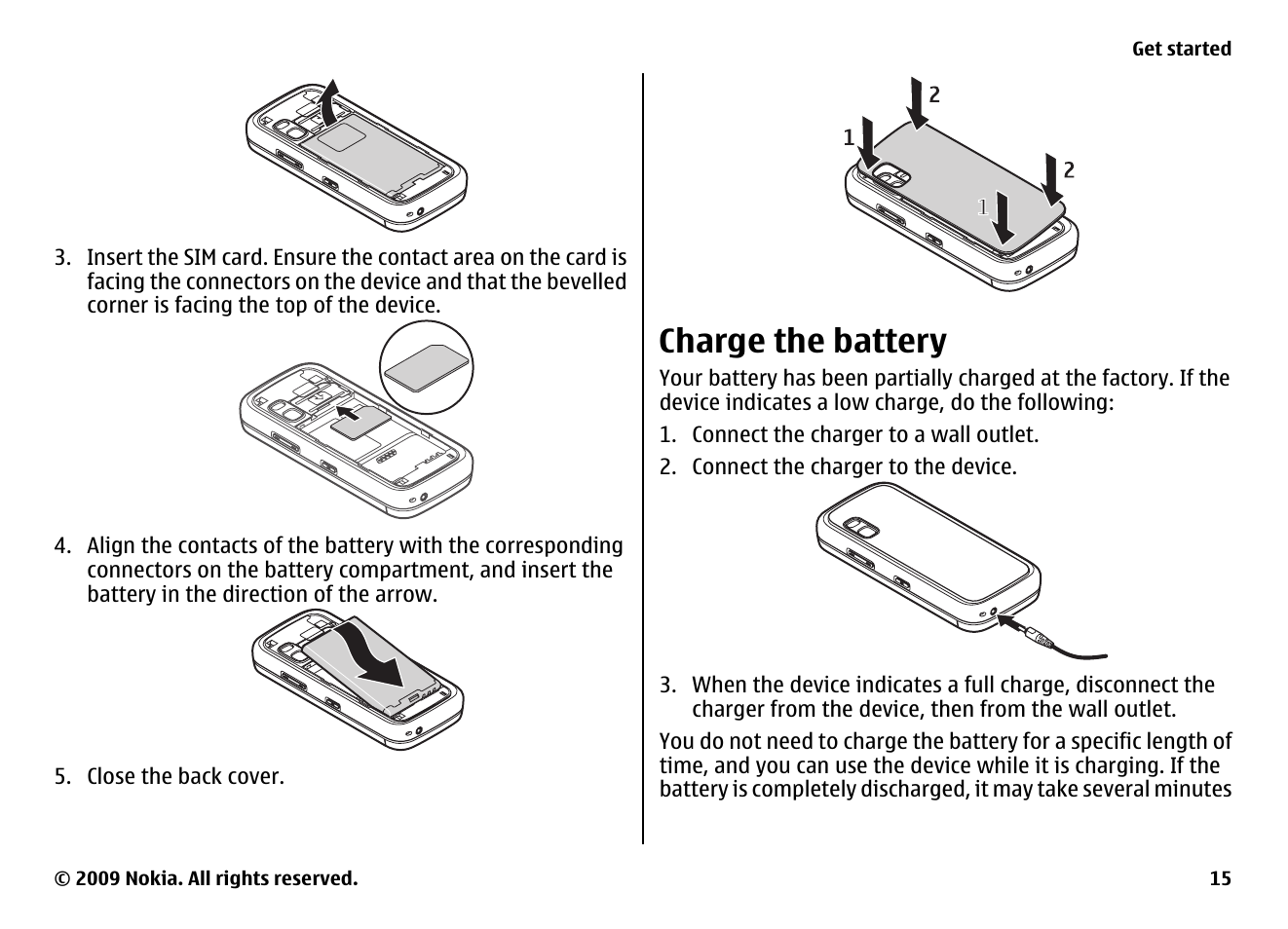 Charge the battery | Nokia XPRESS MUSIC 5730 User Manual | Page 15 / 80