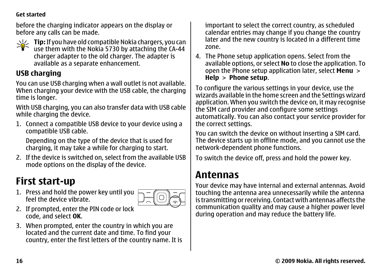 First start-up, Antennas | Nokia XPRESS MUSIC 5730 User Manual | Page 16 / 80