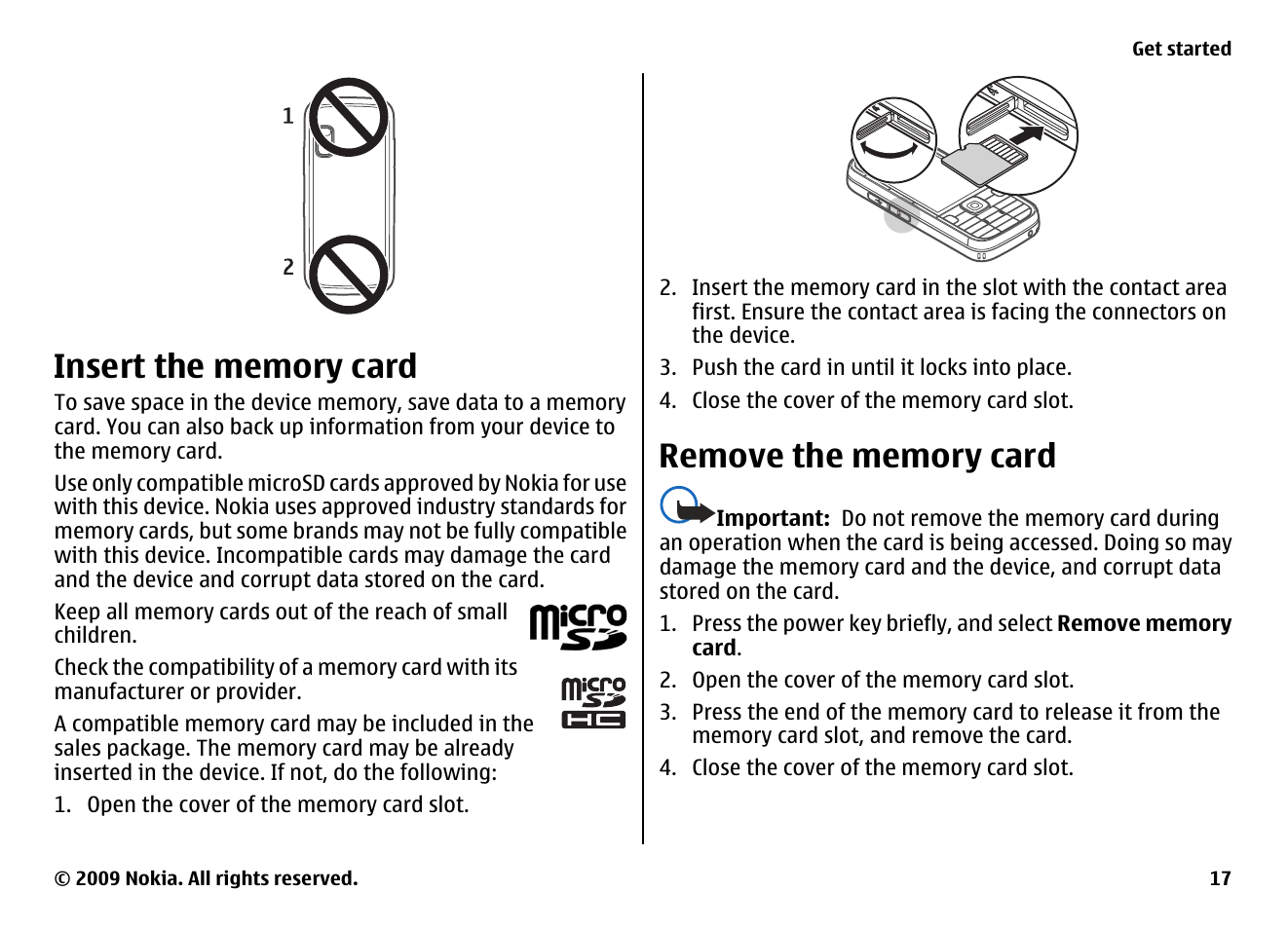 Insert the memory card, Remove the memory card | Nokia XPRESS MUSIC 5730 User Manual | Page 17 / 80