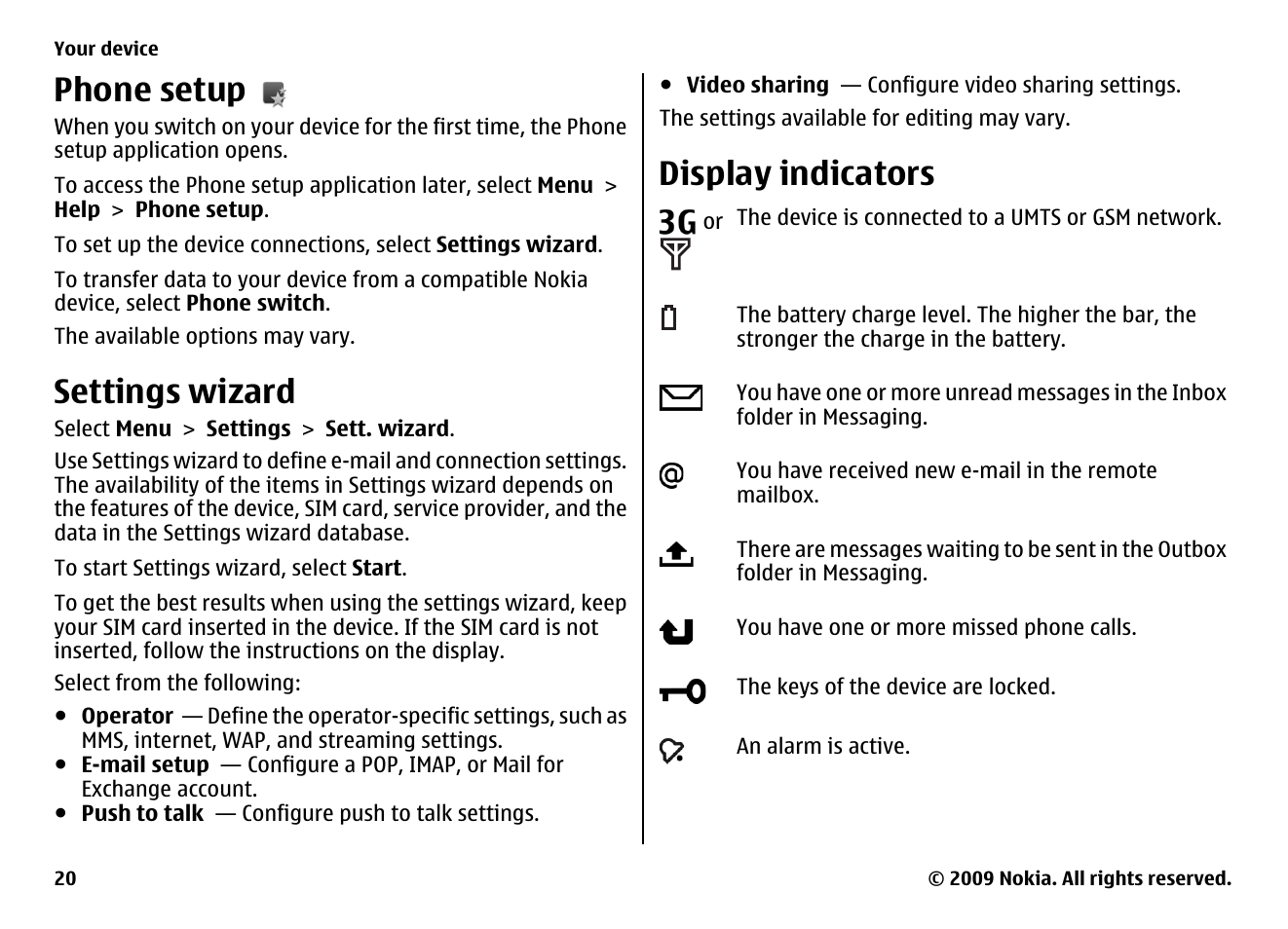 Phone setup, Settings wizard, Display indicators | Nokia XPRESS MUSIC 5730 User Manual | Page 20 / 80