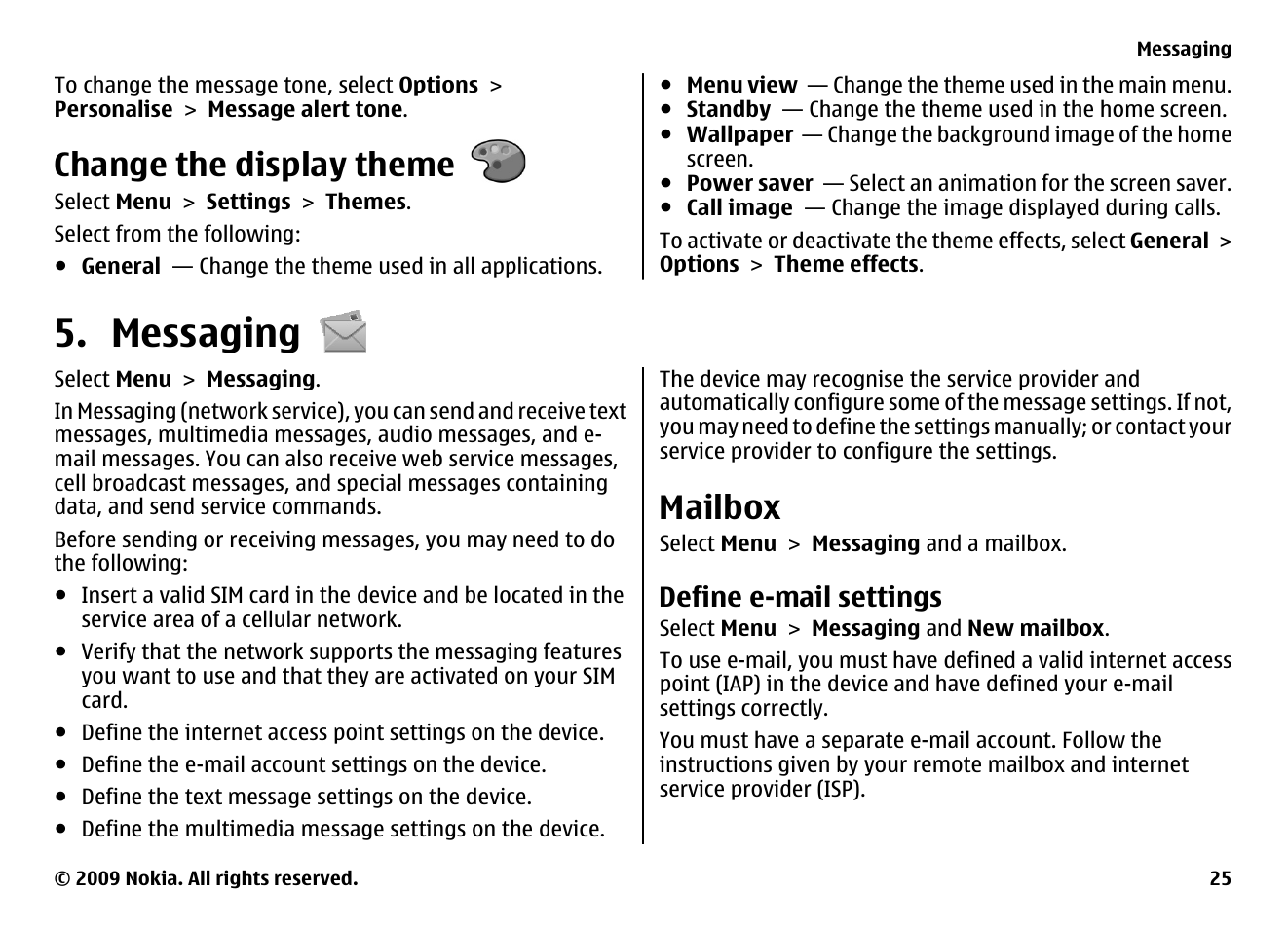 Change the display theme, Messaging, Mailbox | Define e-mail settings | Nokia XPRESS MUSIC 5730 User Manual | Page 25 / 80