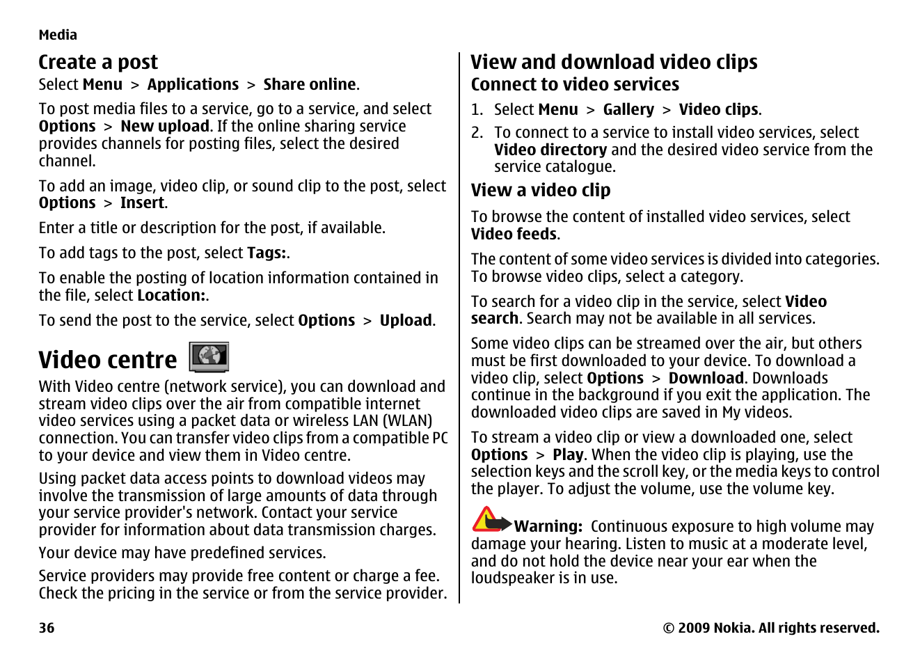 Create a post, Video centre, View and download video clips | Nokia XPRESS MUSIC 5730 User Manual | Page 36 / 80