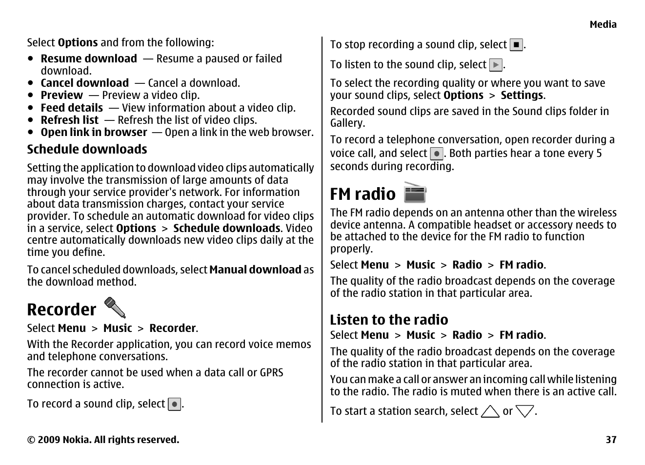 Recorder, Fm radio, Listen to the radio | Nokia XPRESS MUSIC 5730 User Manual | Page 37 / 80