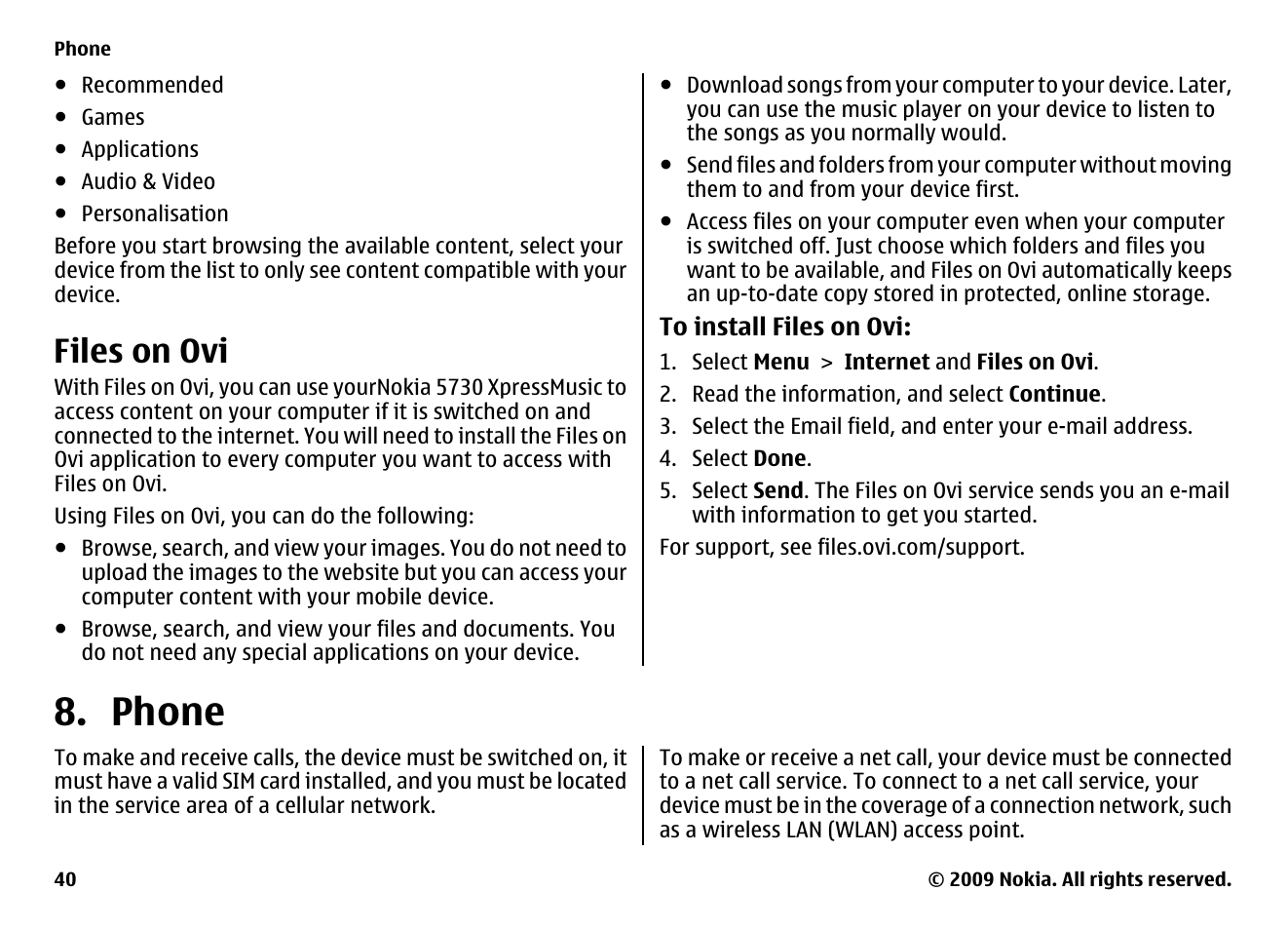 Files on ovi, Phone | Nokia XPRESS MUSIC 5730 User Manual | Page 40 / 80