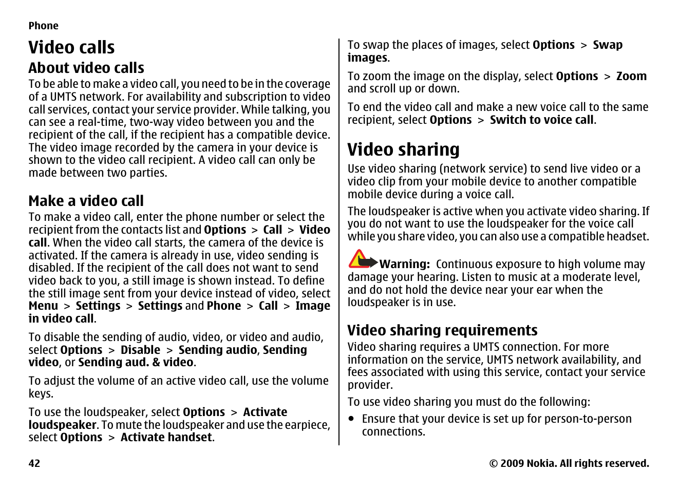 Video calls, About video calls, Make a video call | Video sharing, Video sharing requirements | Nokia XPRESS MUSIC 5730 User Manual | Page 42 / 80