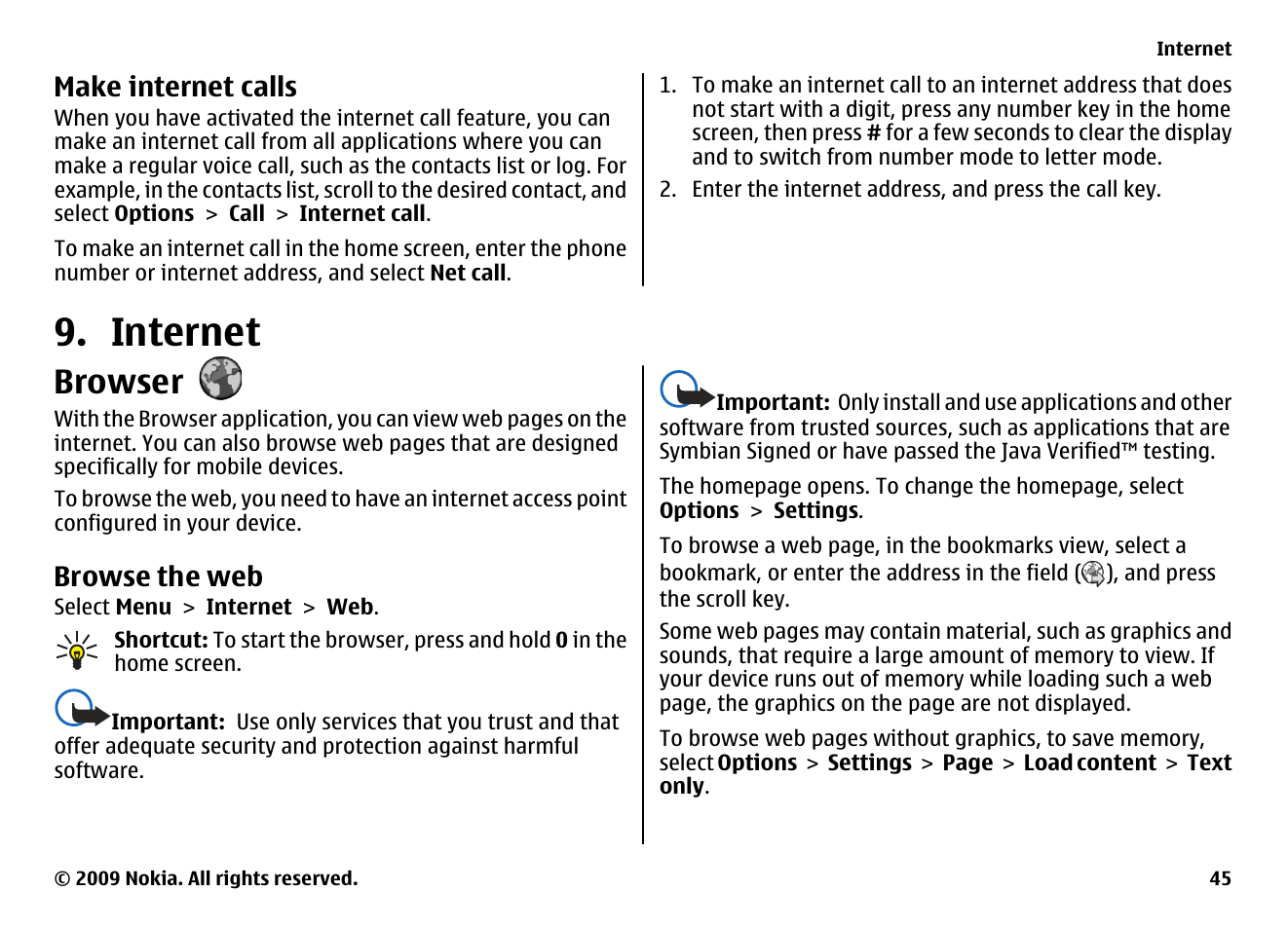 Make internet calls, Internet, Browser | Browse the web | Nokia XPRESS MUSIC 5730 User Manual | Page 45 / 80