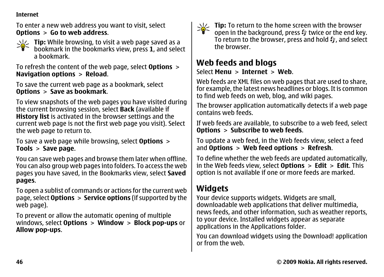 Web feeds and blogs, Widgets | Nokia XPRESS MUSIC 5730 User Manual | Page 46 / 80