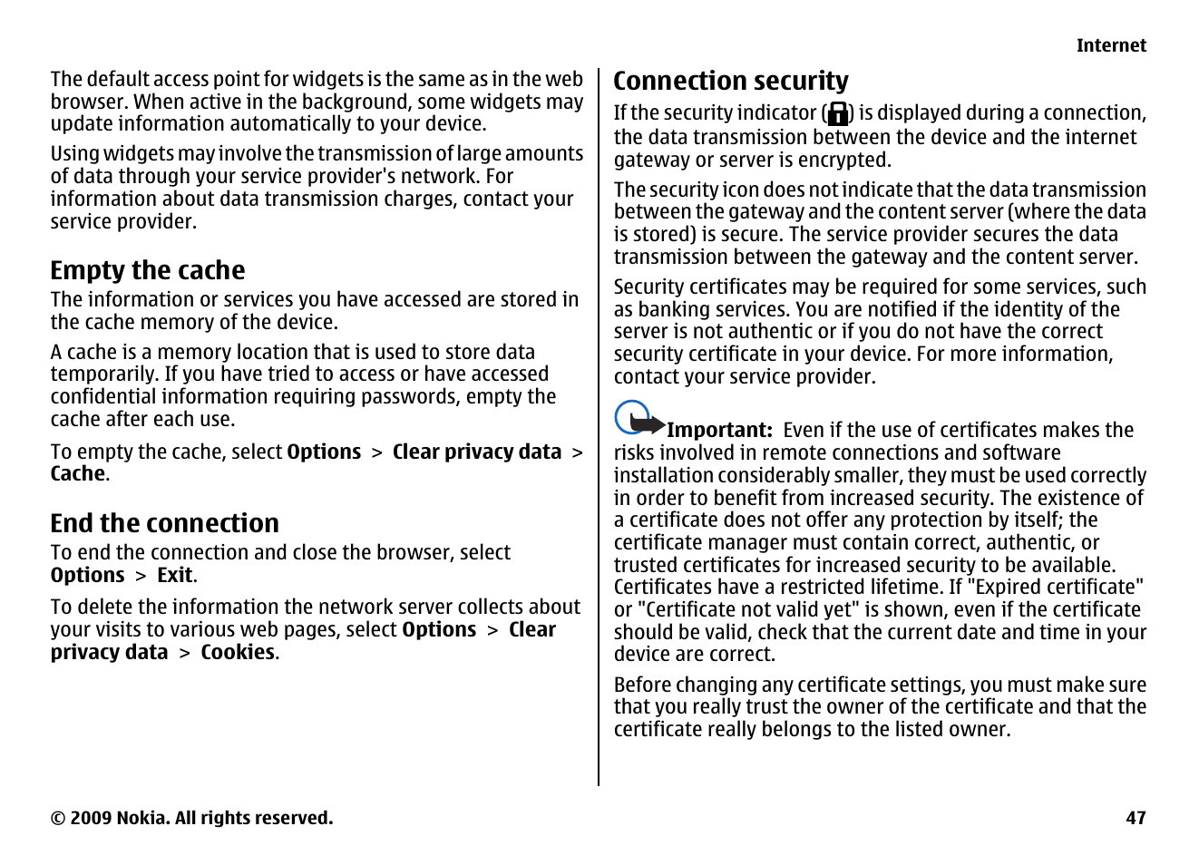 Empty the cache, End the connection, Connection security | Nokia XPRESS MUSIC 5730 User Manual | Page 47 / 80