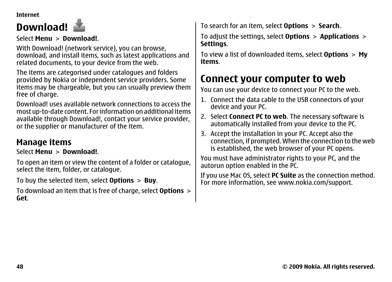 Download, Manage items, Connect your computer to web | Nokia XPRESS MUSIC 5730 User Manual | Page 48 / 80