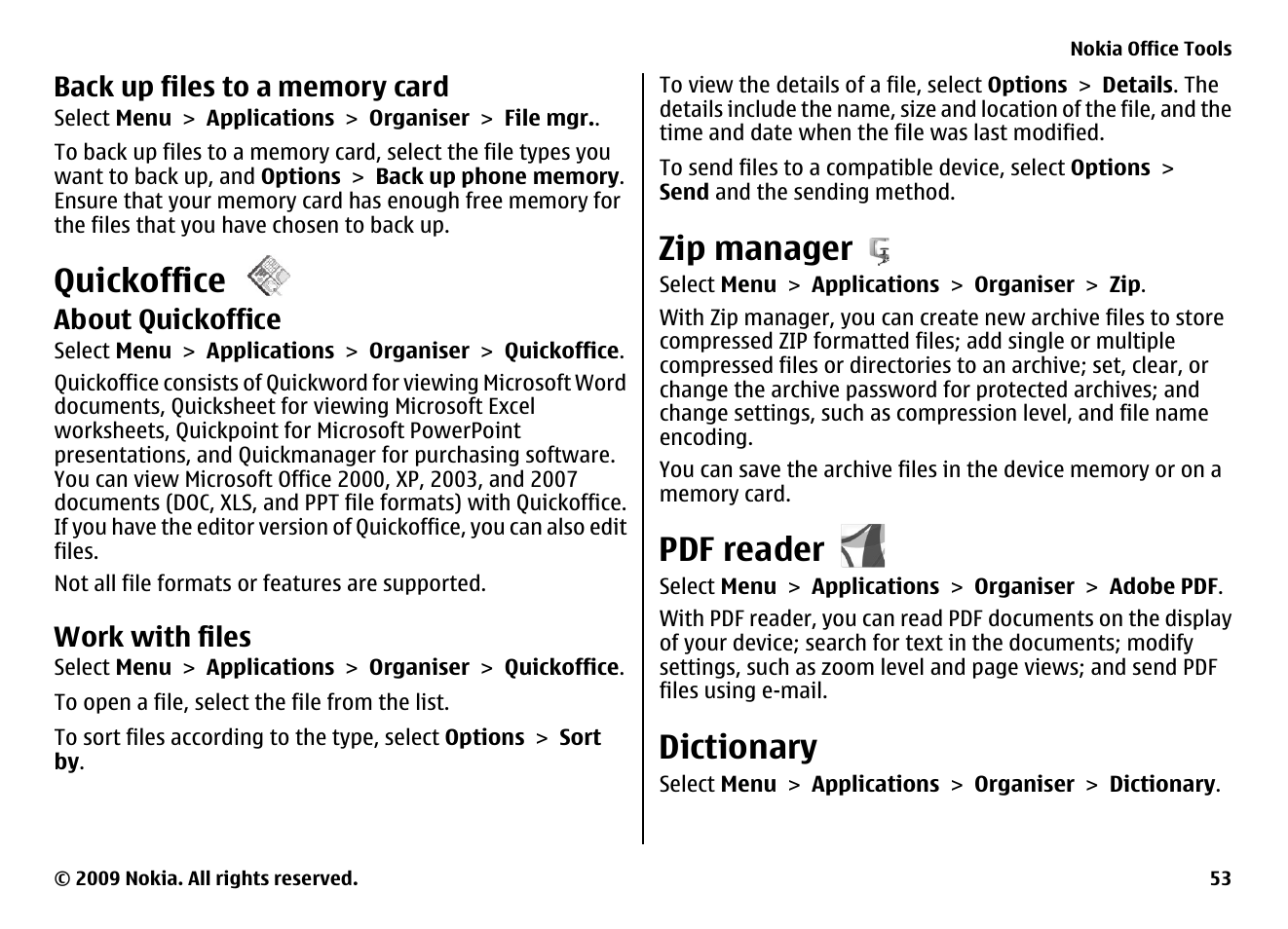 Back up files to a memory card, Quickoffice, About quickoffice | Work with files, Zip manager, Pdf reader, Dictionary | Nokia XPRESS MUSIC 5730 User Manual | Page 53 / 80