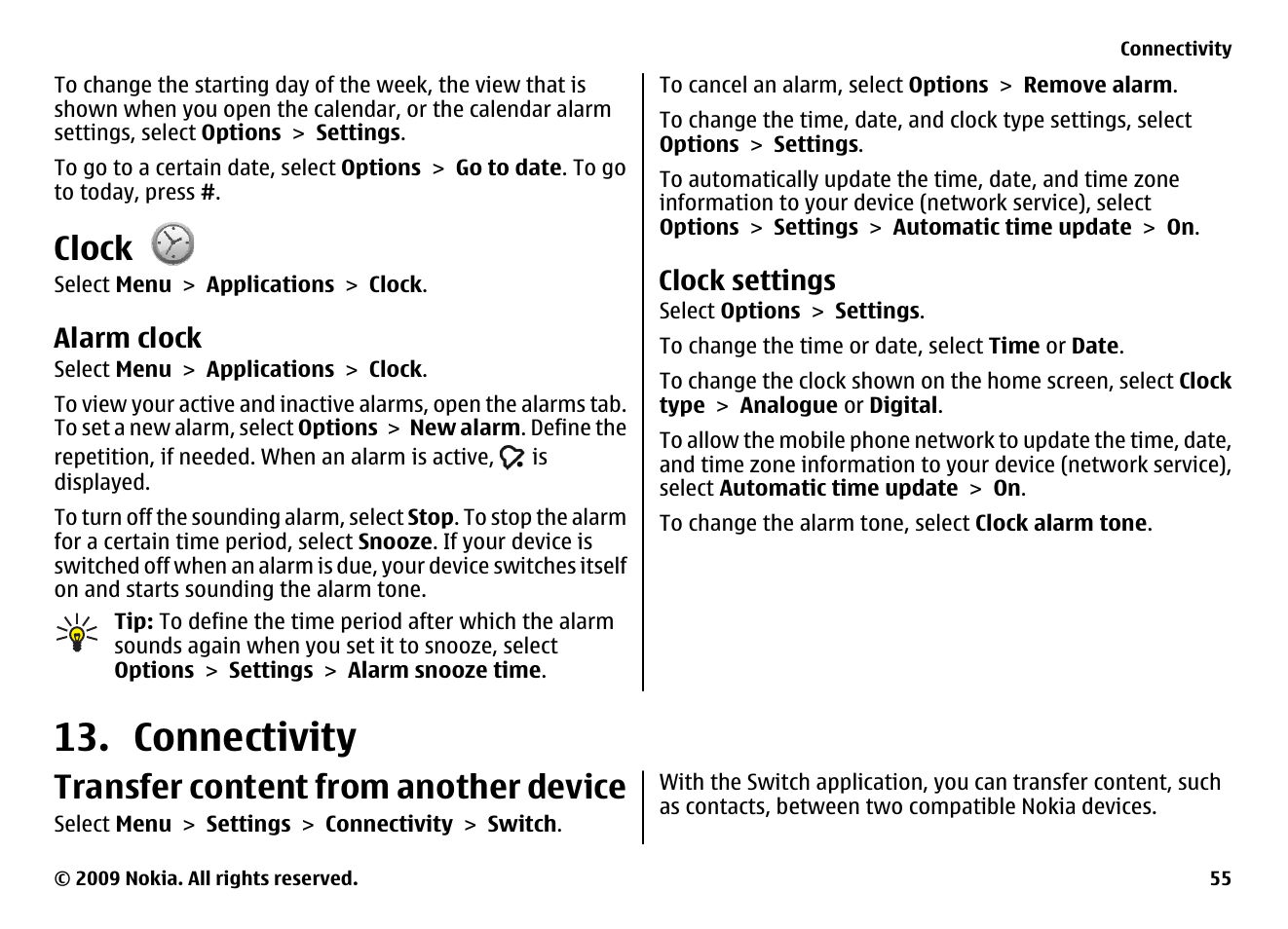 Clock, Alarm clock, Clock settings | Connectivity, Transfer content from another device | Nokia XPRESS MUSIC 5730 User Manual | Page 55 / 80