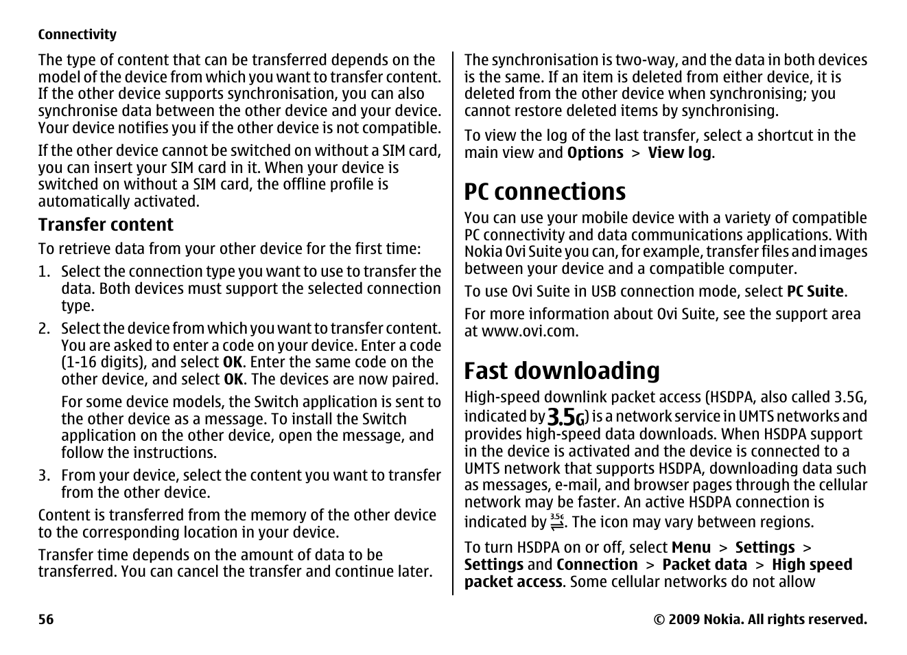 Pc connections, Fast downloading | Nokia XPRESS MUSIC 5730 User Manual | Page 56 / 80