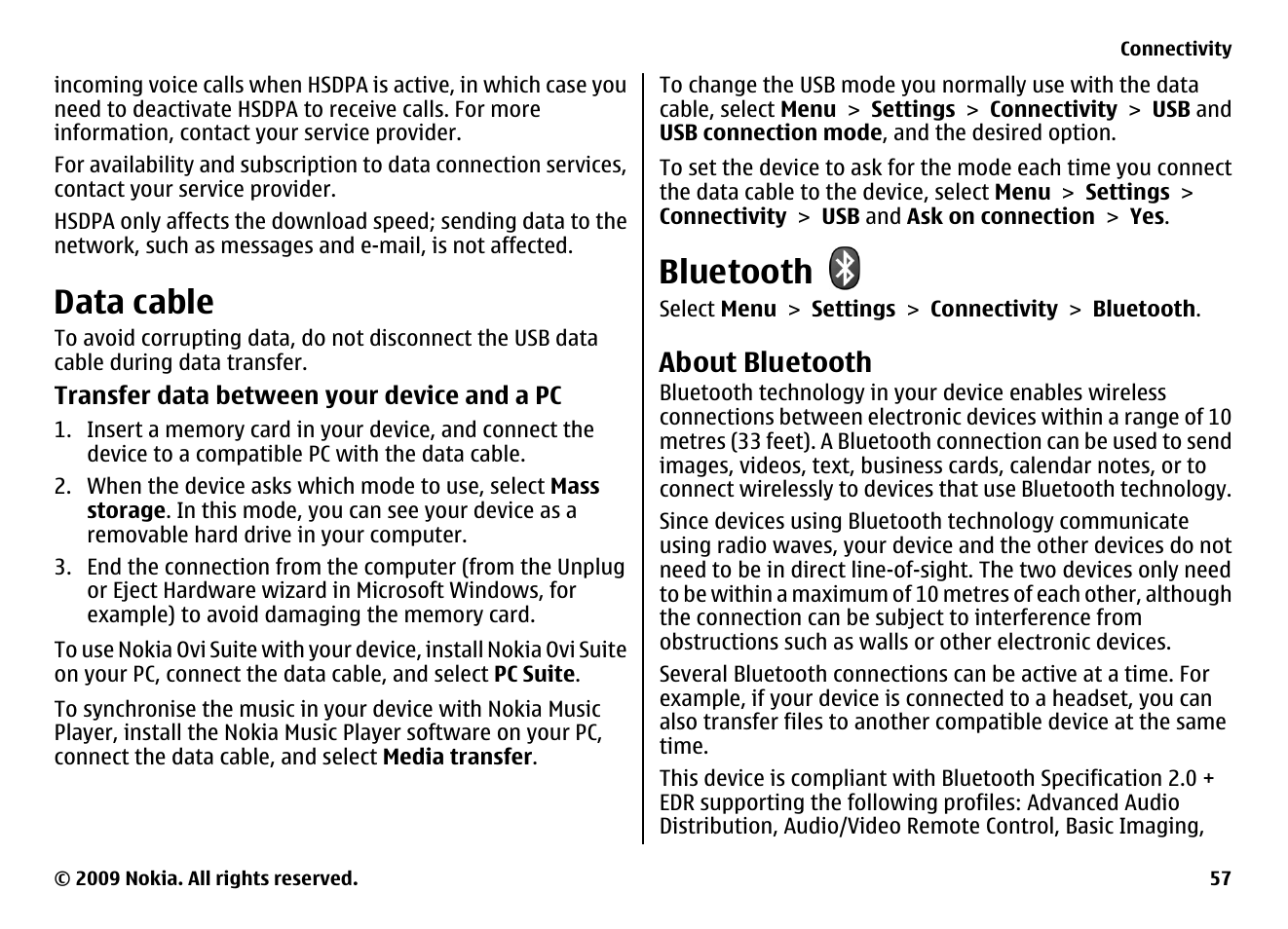 Data cable, Bluetooth, About bluetooth | Nokia XPRESS MUSIC 5730 User Manual | Page 57 / 80