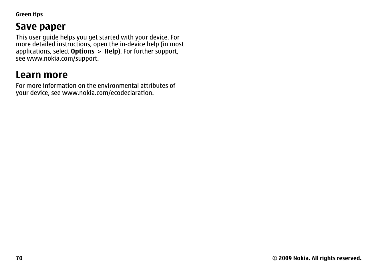 Save paper, Learn more | Nokia XPRESS MUSIC 5730 User Manual | Page 70 / 80