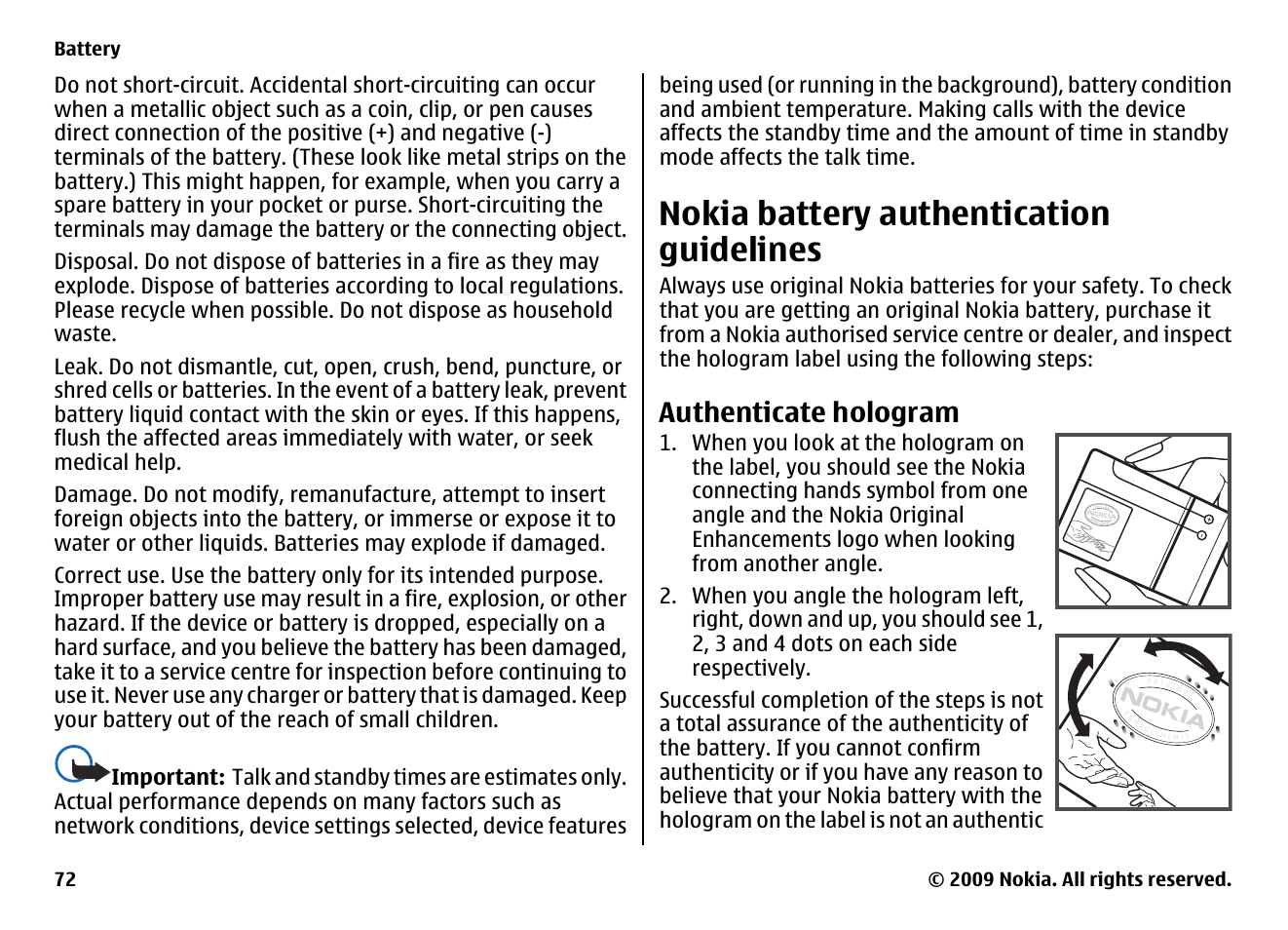 Nokia battery authentication guidelines, Authenticate hologram | Nokia XPRESS MUSIC 5730 User Manual | Page 72 / 80