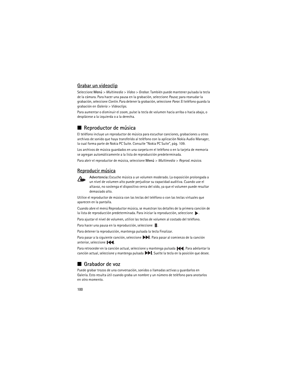 Reproductor de música, Grabador de voz, Reproductor de música grabador de voz | Grabar un videoclip, Reproducir música | Nokia 3610 User Manual | Page 101 / 121