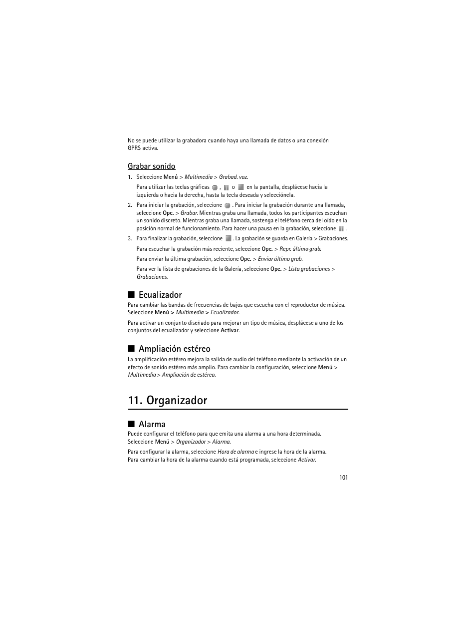 Ecualizador, Ampliación estéreo, Organizador | Alarma, Ecualizador ampliación estéreo, Grabar sonido | Nokia 3610 User Manual | Page 102 / 121