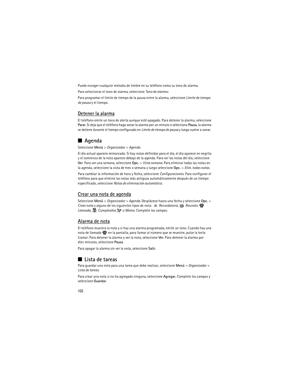 Agenda, Lista de tareas, Agenda lista de tareas | Detener la alarma, Crear una nota de agenda, Alarma de nota | Nokia 3610 User Manual | Page 103 / 121