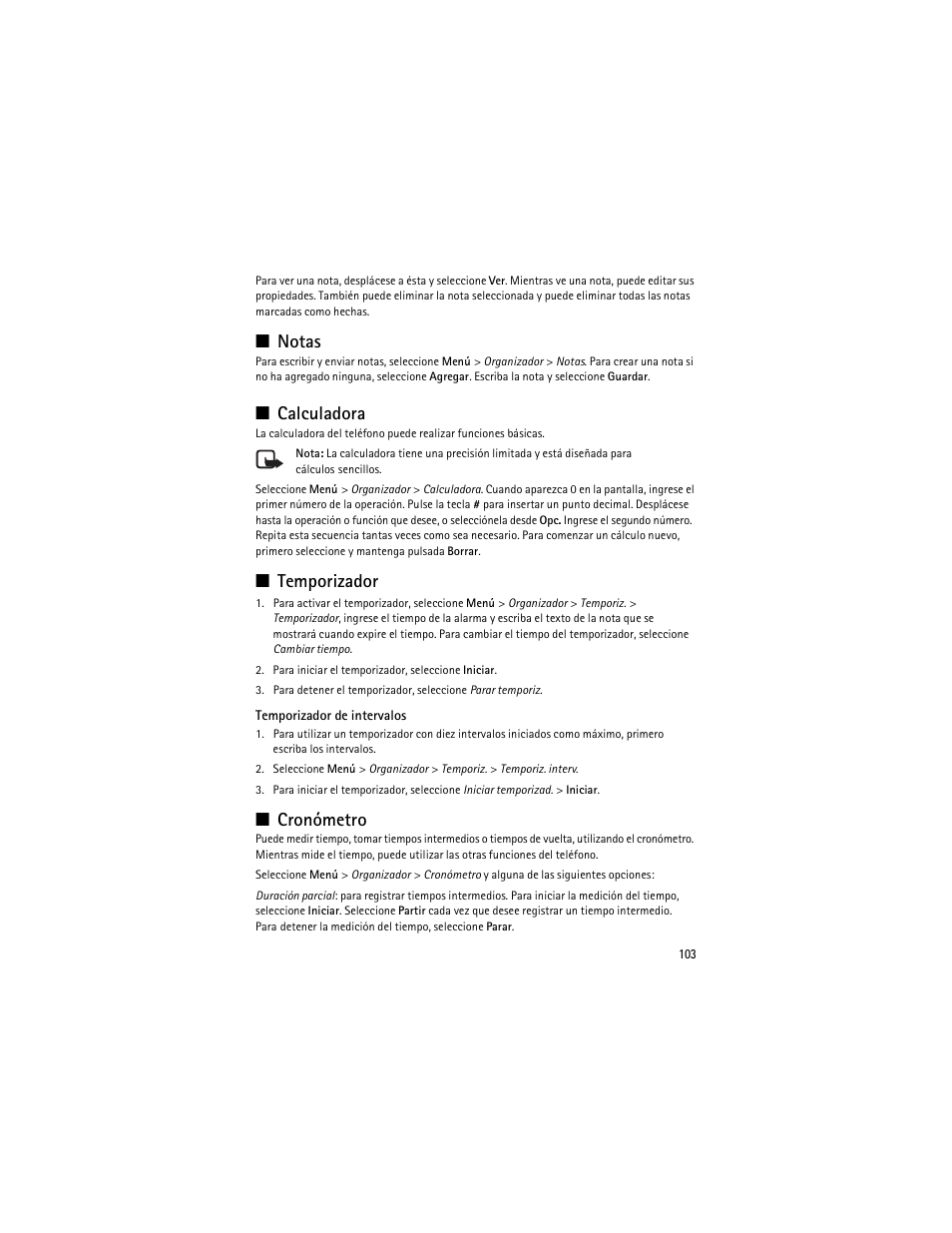 Notas, Calculadora, Temporizador | Cronómetro, Notas calculadora temporizador cronómetro | Nokia 3610 User Manual | Page 104 / 121