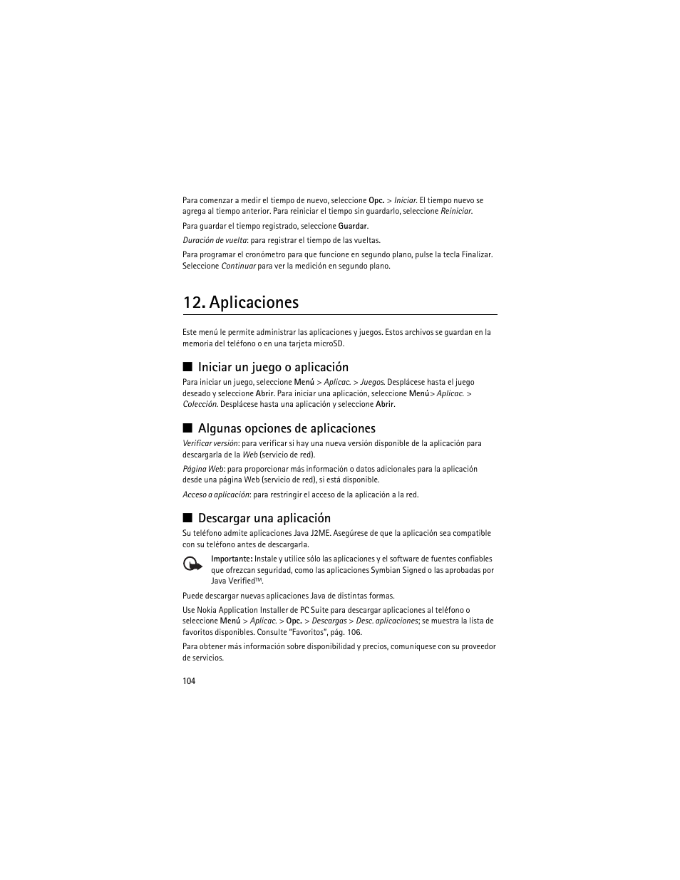 Aplicaciones, Iniciar un juego, Algunas opciones de aplicaciones | Descargar una aplicación, Iniciar un juego o aplicación | Nokia 3610 User Manual | Page 105 / 121