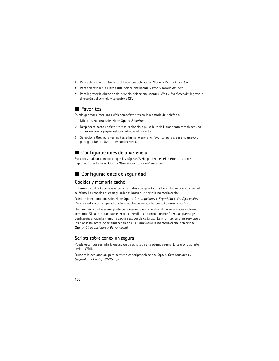 Favoritos, Configuraciones de apariencia, Configuraciones de seguridad | Scripts sobre conexión segura | Nokia 3610 User Manual | Page 107 / 121