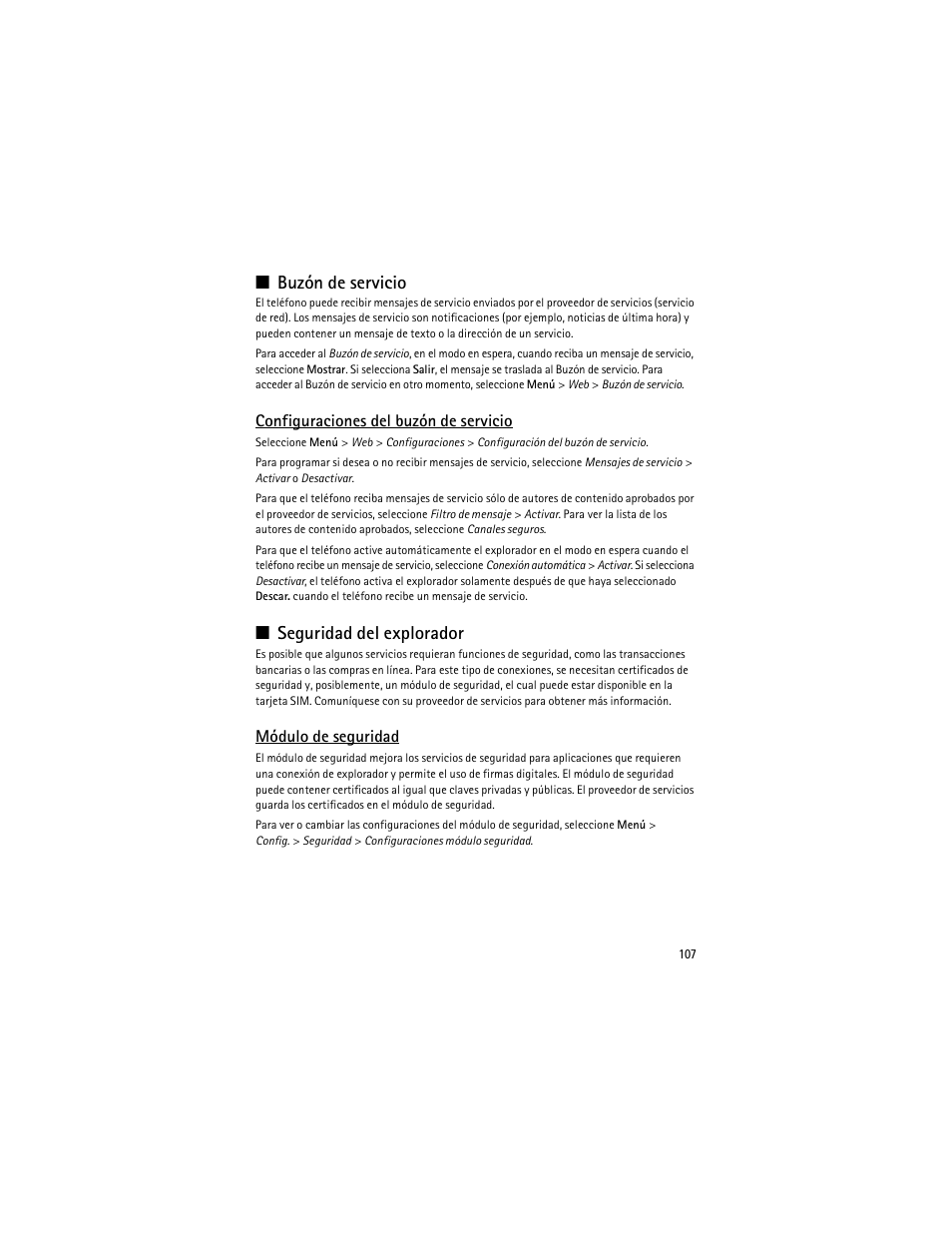 Buzón de servicio, Seguridad del explorador, Buzón de servicio seguridad del explorador | Nokia 3610 User Manual | Page 108 / 121
