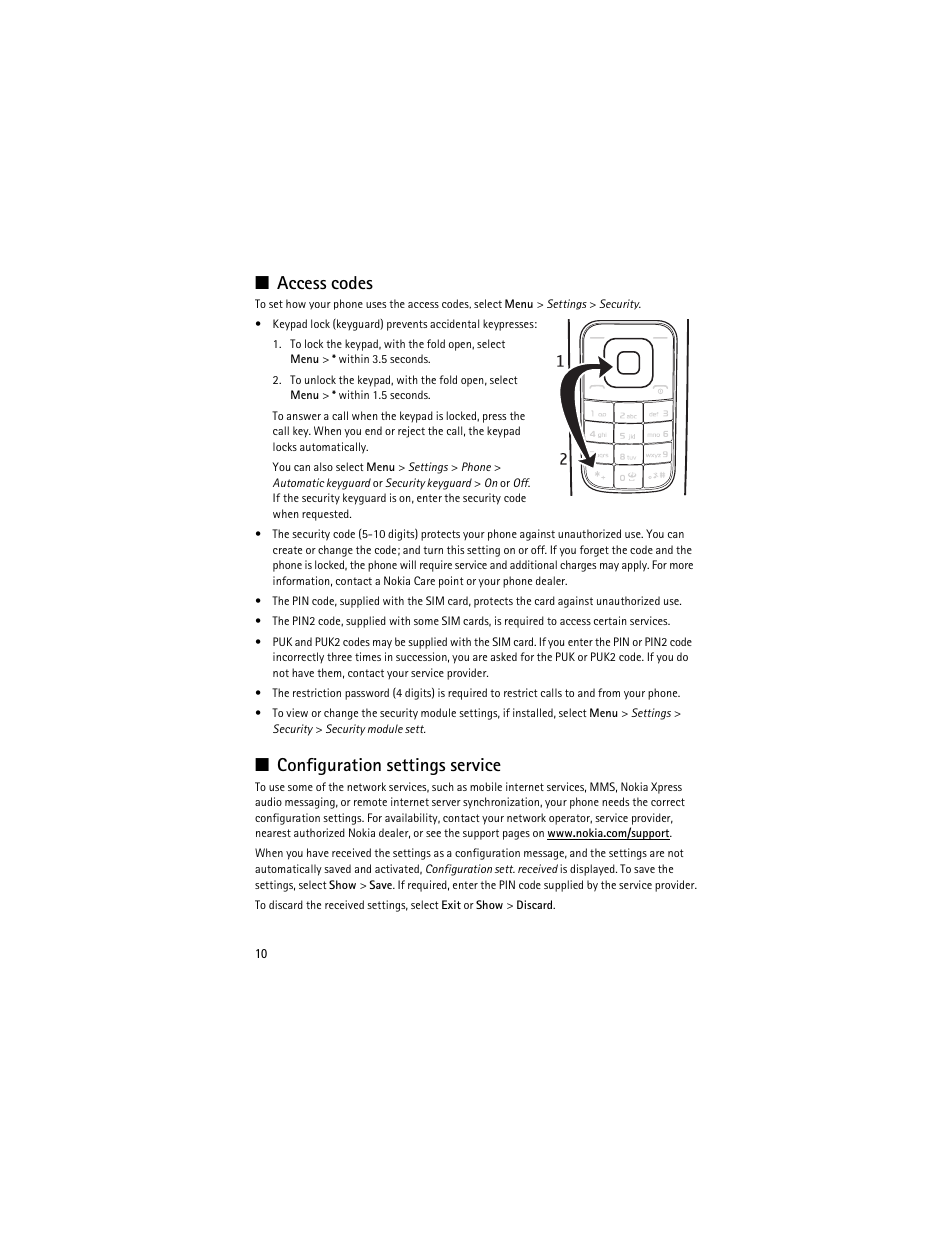 Access codes, Configuration settings service, Access codes configuration settings service | Nokia 3610 User Manual | Page 11 / 121