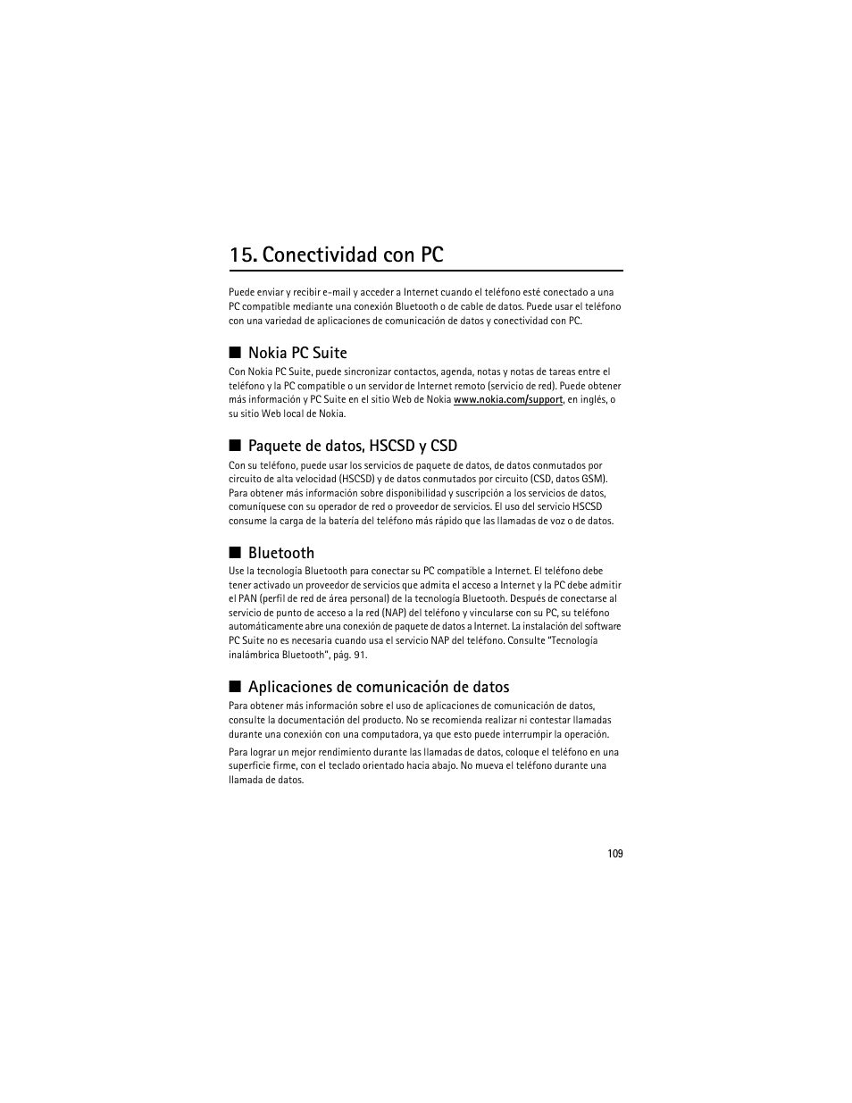 Conectividad con pc, Nokia pc suite, Paquete de datos, hscsd y csd | Bluetooth, Aplicaciones de comunicación de datos | Nokia 3610 User Manual | Page 110 / 121