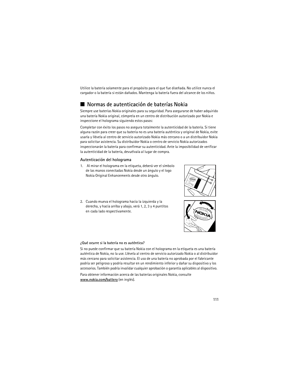 Normas de autenticación de baterías nokia | Nokia 3610 User Manual | Page 112 / 121