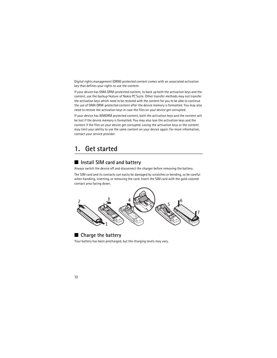 Get started, Install sim card and battery, Charge the battery | Install sim card and battery charge the battery | Nokia 3610 User Manual | Page 13 / 121