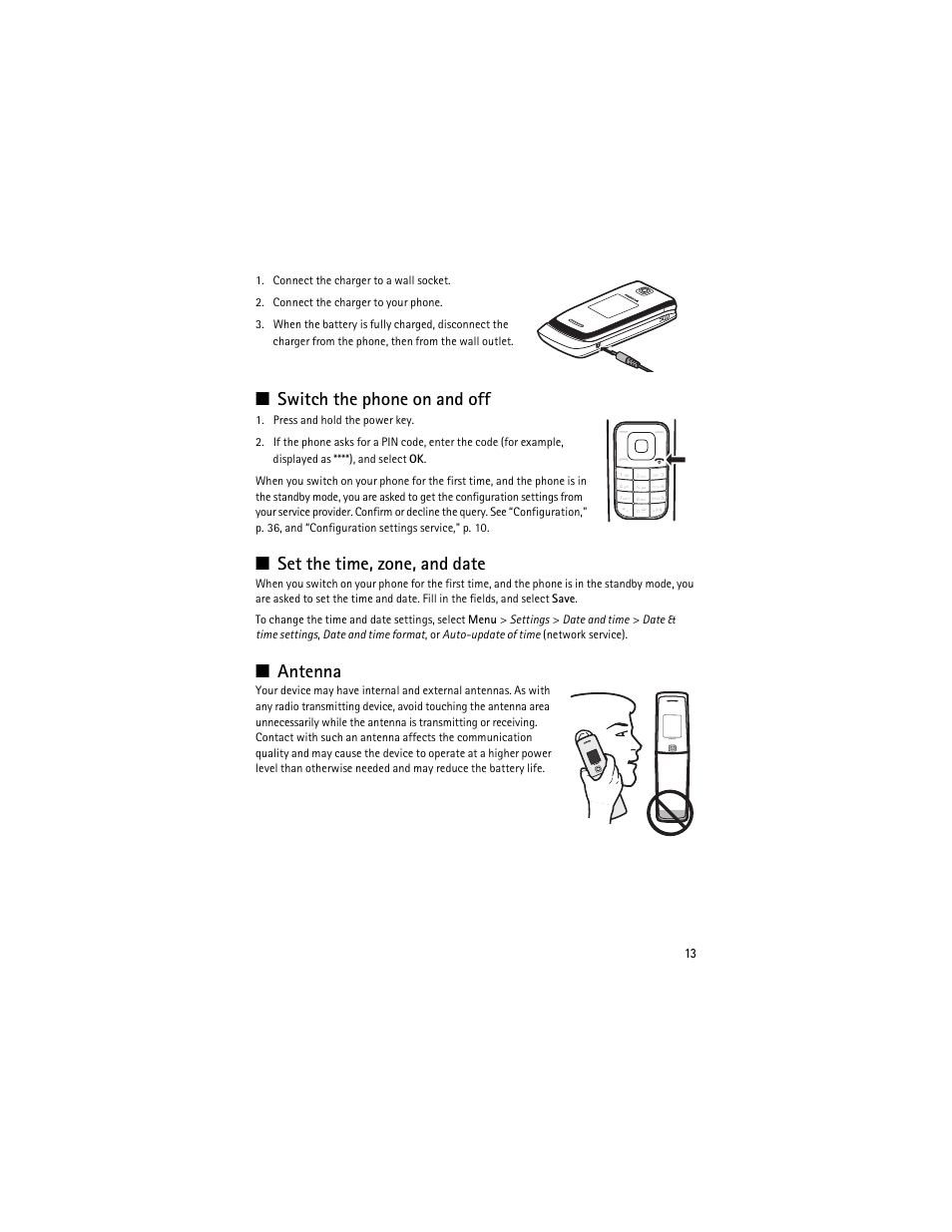 Switch the phone on and off, Set the time, zone, and date, Antenna | Nokia 3610 User Manual | Page 14 / 121