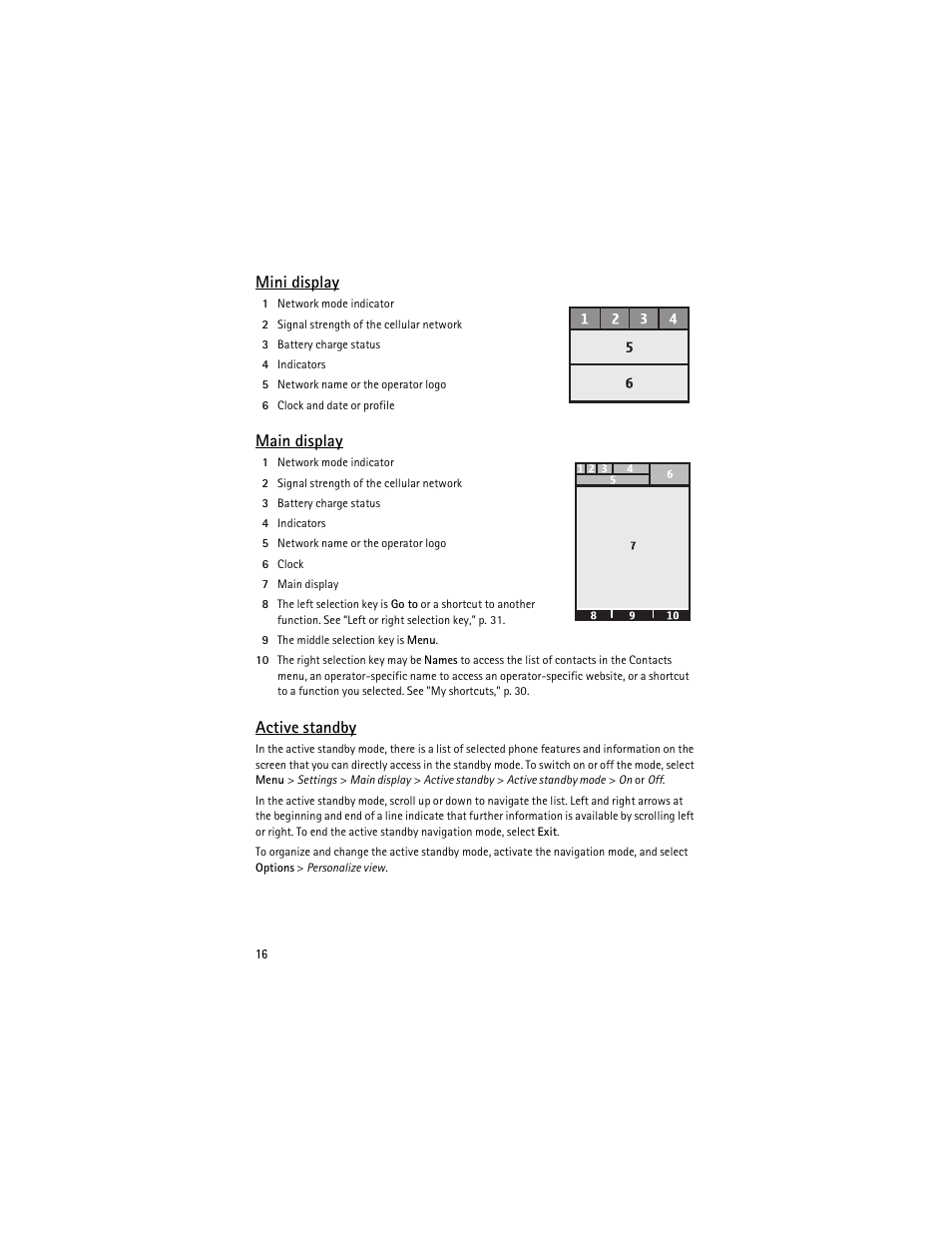 Mini display, Main display, Active standby | Nokia 3610 User Manual | Page 17 / 121