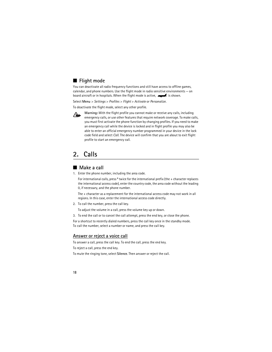 Flight mode, Calls, Make a call | Nokia 3610 User Manual | Page 19 / 121