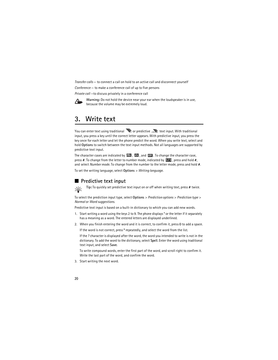 Write text, Predictive text input | Nokia 3610 User Manual | Page 21 / 121