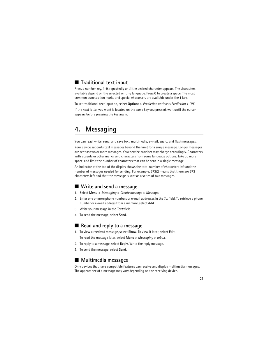 Traditional text input, Messaging, Write and send a message | Read and reply to a message, Multimedia messages | Nokia 3610 User Manual | Page 22 / 121