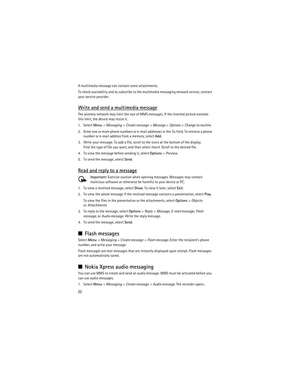 Flash messages, Nokia xpress audio messaging, Flash messages nokia xpress audio messaging | Write and send a multimedia message, Read and reply to a message | Nokia 3610 User Manual | Page 23 / 121