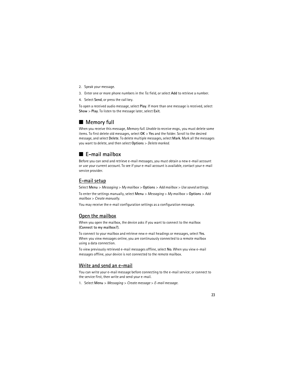 Memory full, E-mail mailbox, Memory full e-mail mailbox | E-mail setup, Open the mailbox, Write and send an e-mail | Nokia 3610 User Manual | Page 24 / 121