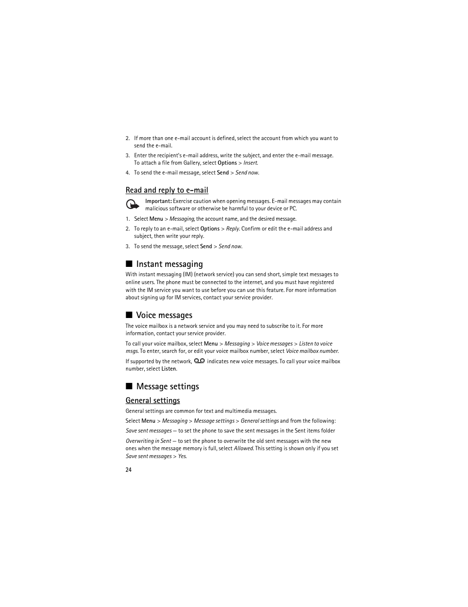 Instant messaging, Voice messages, Message settings | Instant messaging voice messages message settings, Read and reply to e-mail, General settings | Nokia 3610 User Manual | Page 25 / 121