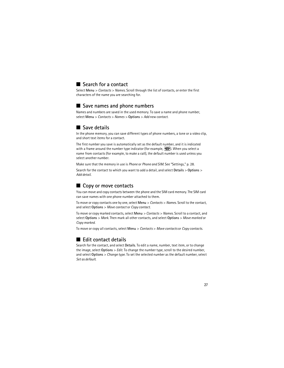 Search for a contact, Save names and phone numbers, Save details | Copy or move contacts, Edit contact details | Nokia 3610 User Manual | Page 28 / 121