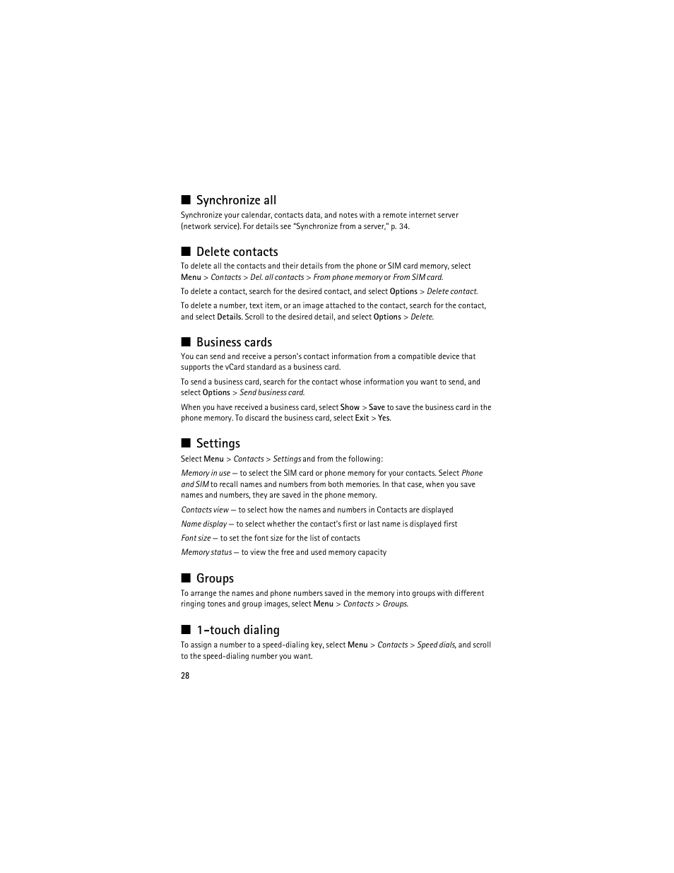 Synchronize all, Delete contacts, Business cards | Settings, Groups, Touch dialing | Nokia 3610 User Manual | Page 29 / 121