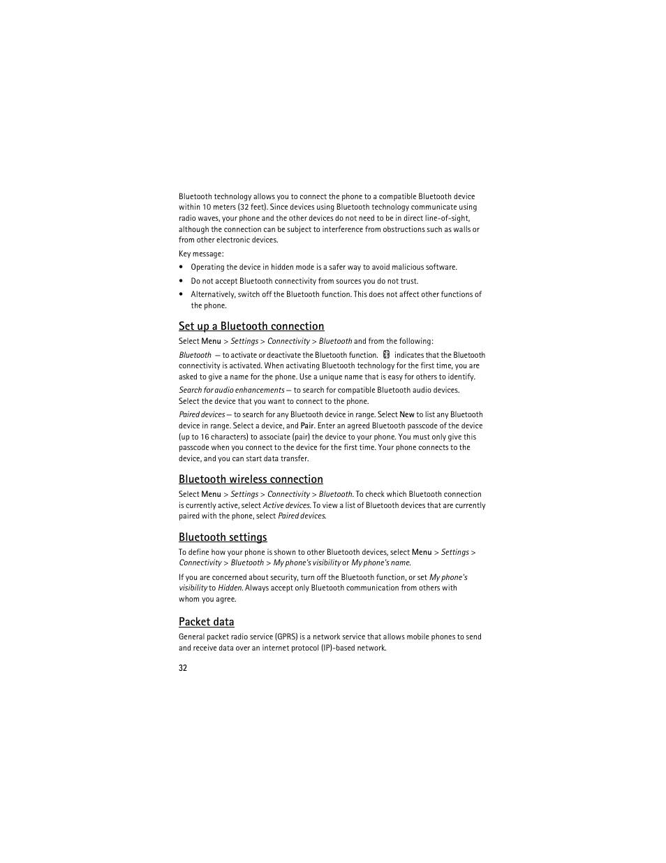 Set up a bluetooth connection, Bluetooth wireless connection, Bluetooth settings | Packet data | Nokia 3610 User Manual | Page 33 / 121