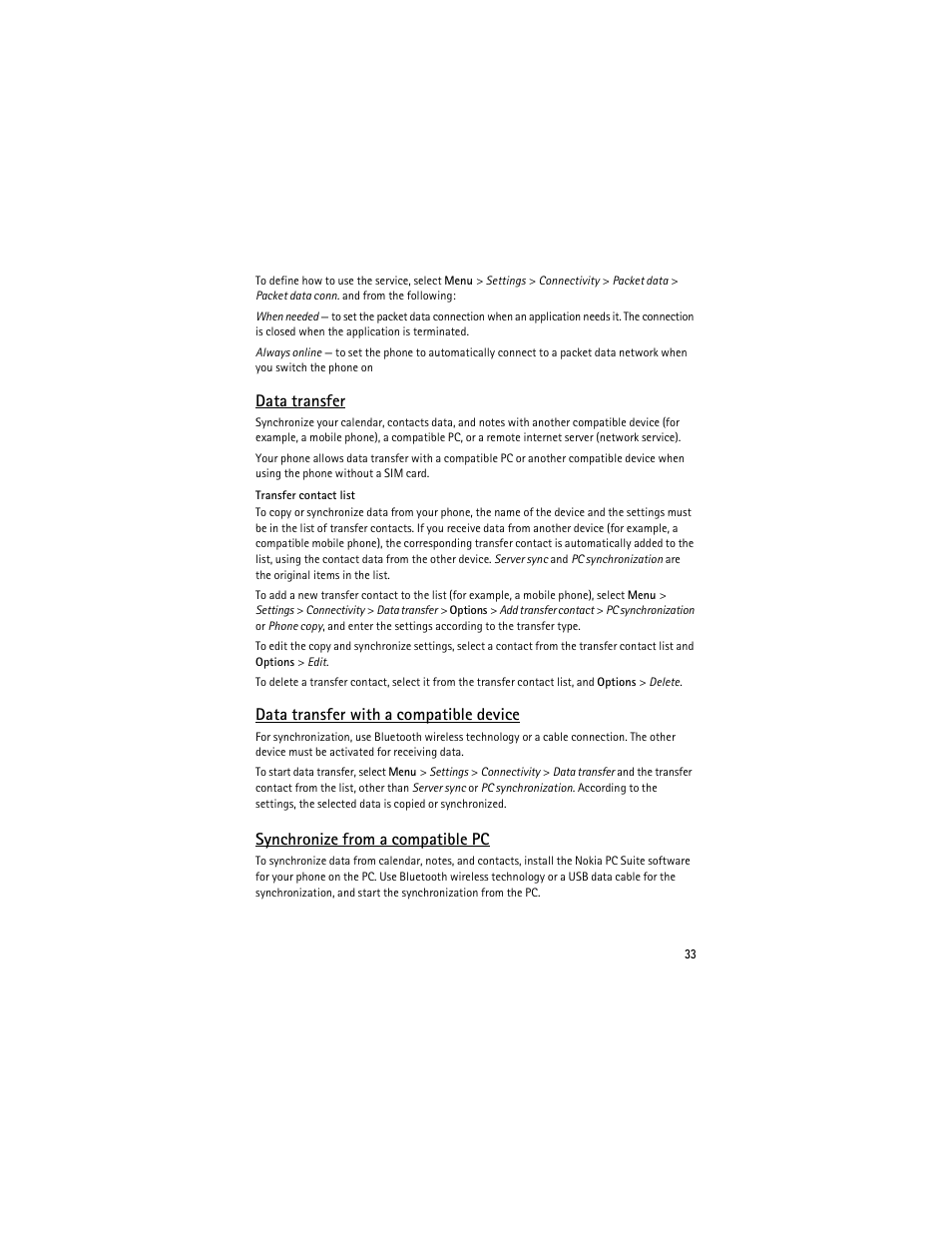 Data transfer, Data transfer with a compatible device, Synchronize from a compatible pc | Nokia 3610 User Manual | Page 34 / 121