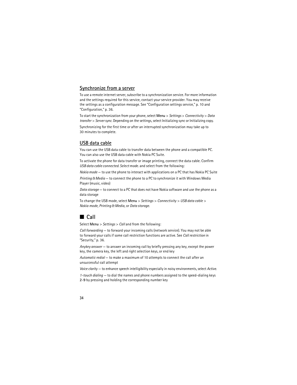 Call, In “call, Call‚" p | Synchronize from a server, Usb data cable | Nokia 3610 User Manual | Page 35 / 121