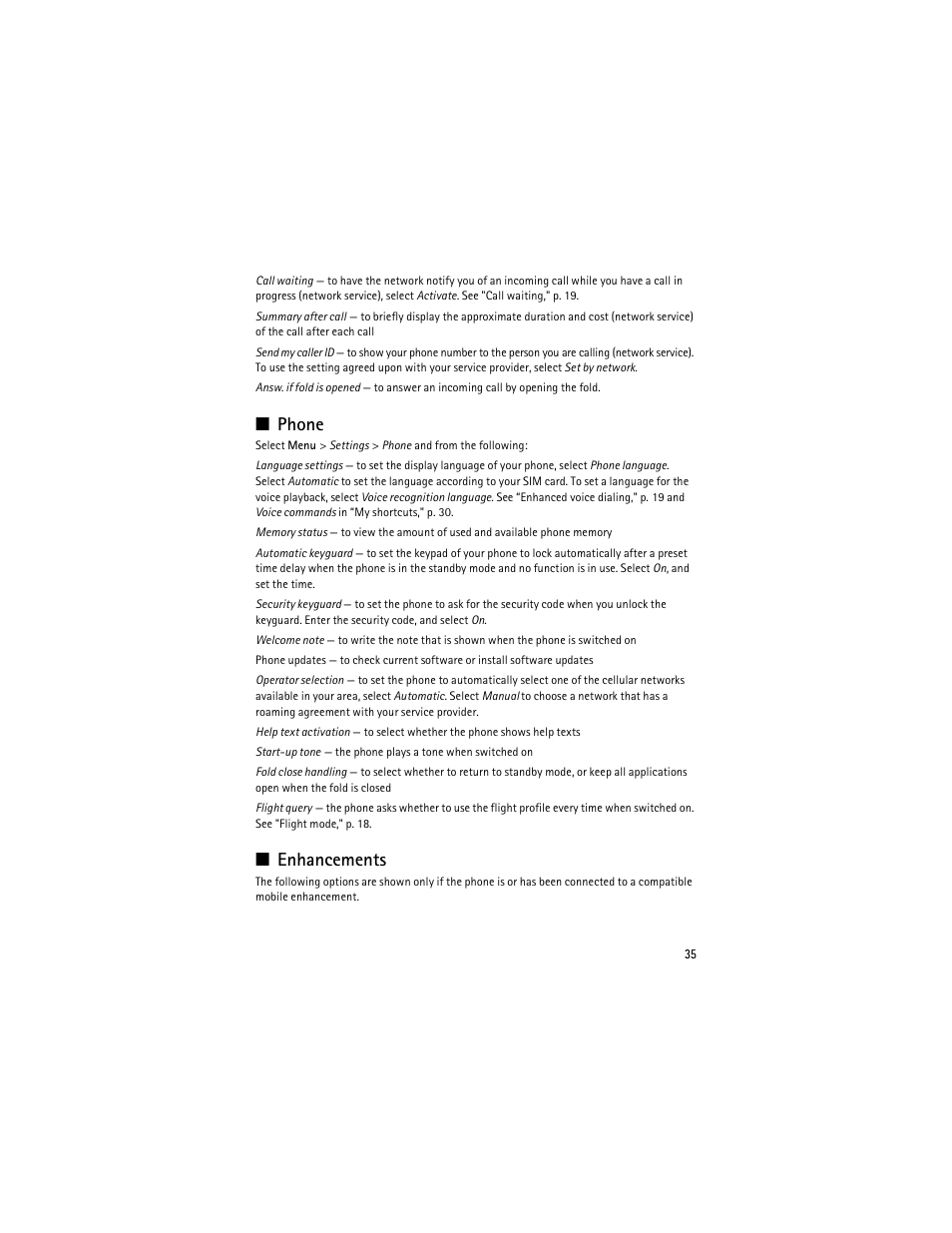 Phone, Enhancements, Phone enhancements | Nokia 3610 User Manual | Page 36 / 121