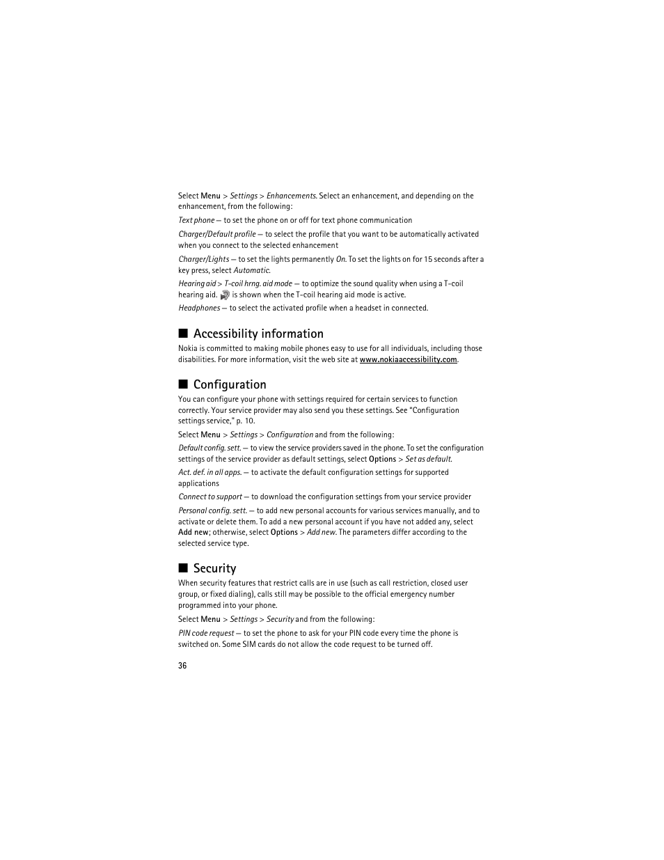 Accessibility information, Configuration, Security | Accessibility information configuration security, Configuration‚" p. 36, Security‚" p | Nokia 3610 User Manual | Page 37 / 121