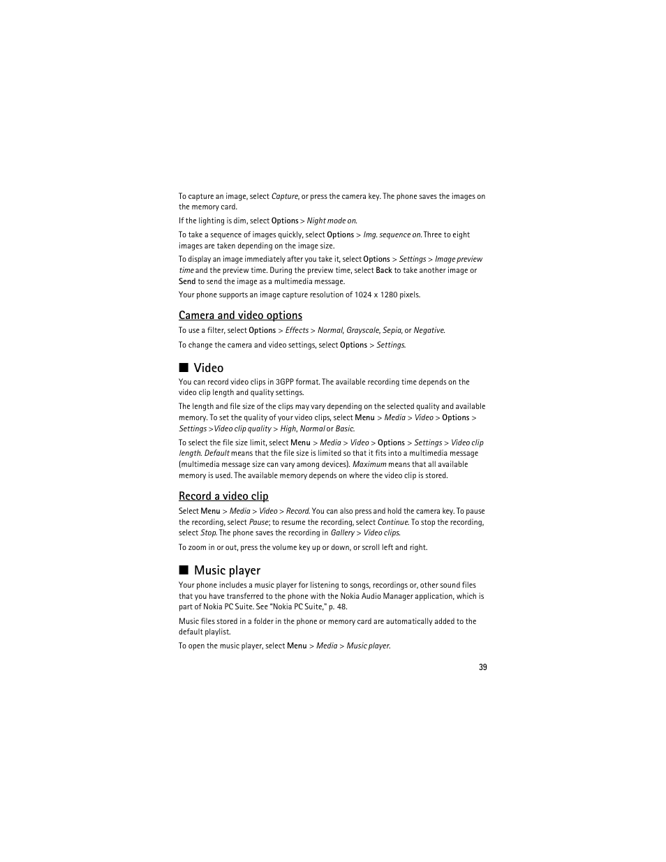 Video, Music player, Video music player | Camera and video options, Record a video clip | Nokia 3610 User Manual | Page 40 / 121