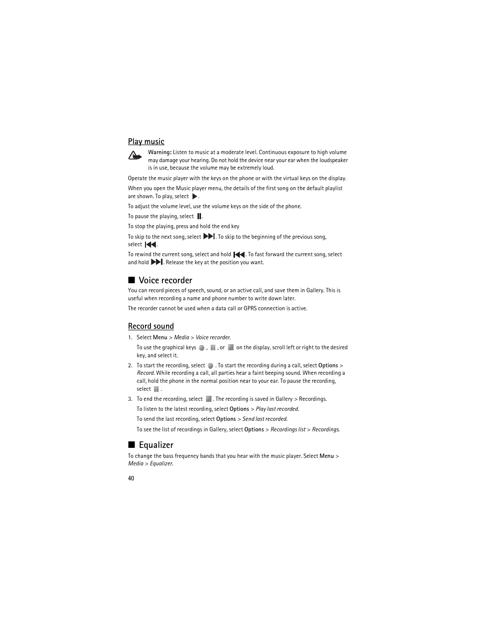 Voice recorder, Equalizer, Voice recorder equalizer | Play music, Record sound | Nokia 3610 User Manual | Page 41 / 121